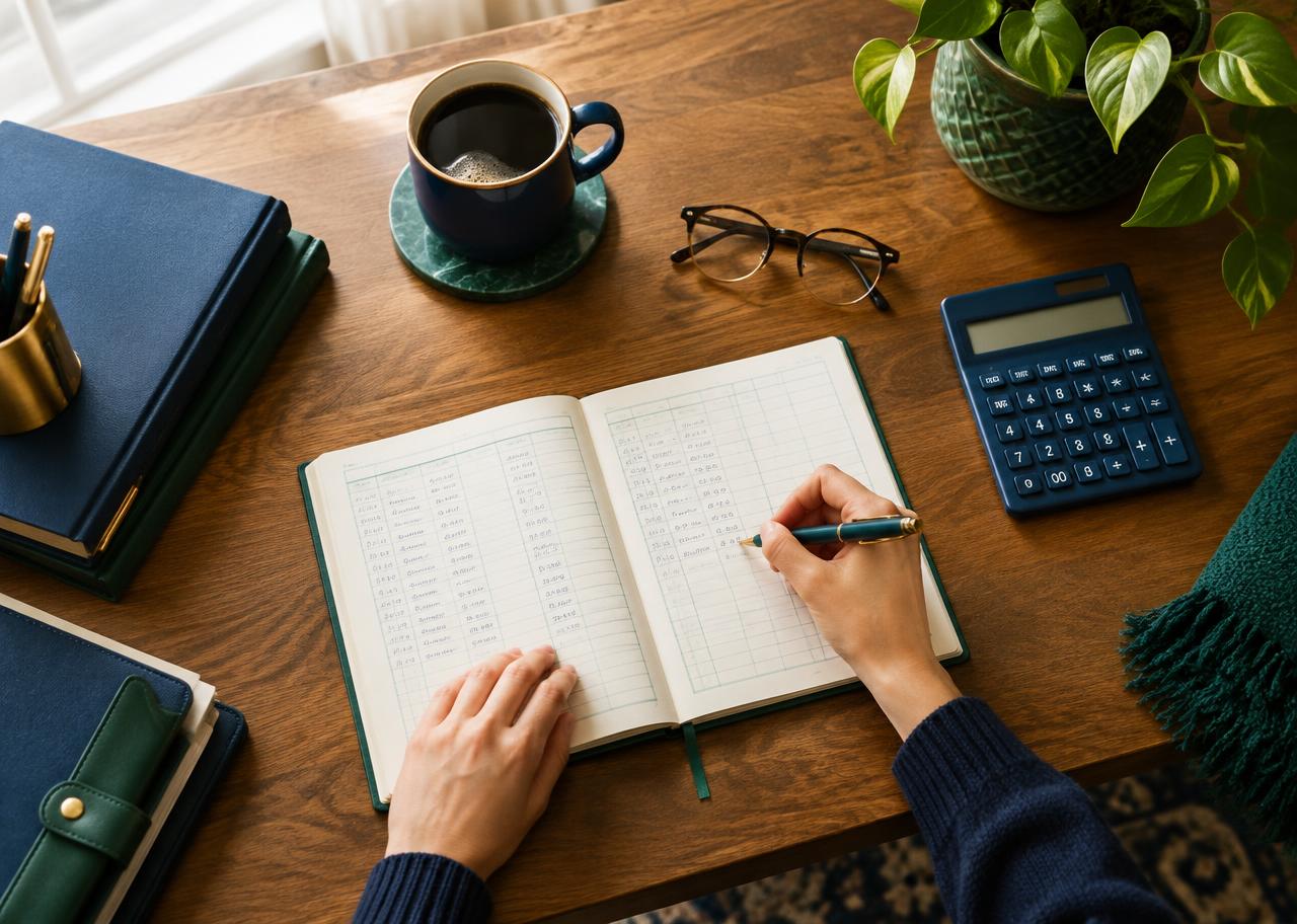 Bookkeeping desk with ledger notebook, calculator and coffee